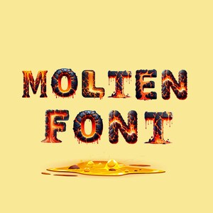 Puede incluir: Fuente de lava fundida en un esquema de colores naranja y negro ardiente. Las letras gotean lava y la palabra "MOLTEN FONT" está escrita.