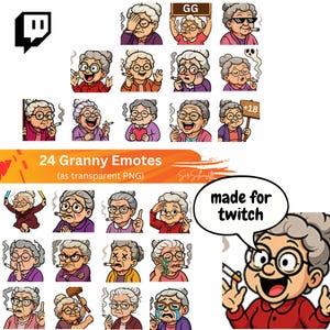 Może przedstawiać: Zestaw 24 emotikonów Granny, z których każdy przedstawia kreskówkę siwowłosej kobiety w okularach w różnych pozach. Tekst zawiera "24 Granny Emotes (as transparent PNG)" i "made for twitch".