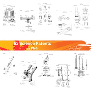 Könnte beinhalten: Eine Sammlung von 63 Vintage-Wissenschaftspatentzeichnungen, darunter Mikroskope, Glühbirnen und andere wissenschaftliche Geräte. Die Zeichnungen sind in Schwarzweiß gehalten und haben einen abgenutzten, antiken Look. Der Text "63 Science Patents as PNG" wird in einem Banner oben im Bild angezeigt.
