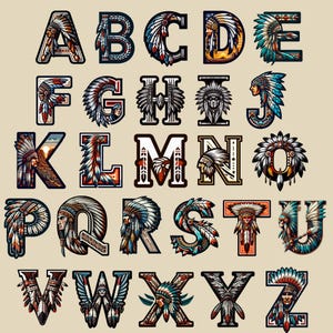 May include: An alphabet with each letter decorated with a Native American headdress. The letters are in a bold, black font with colorful accents and details.