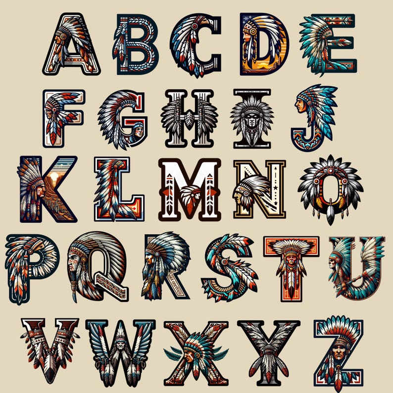 May include: An alphabet with each letter decorated with a Native American headdress. The letters are in a bold, black font with colorful accents and details.