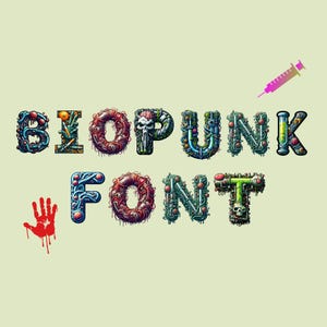 Può includere: Un design di font colorato con le parole "BIOPUNK FONT" in uno stile stilizzato, futuristico e leggermente grottesco. Le lettere sono composte da vari elementi organici e meccanici, tra cui ingranaggi, tubi, fili e trame biologiche.