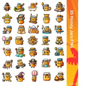 May include: 35 cartoon honey jar illustrations with different expressions and accessories. The honey jars are yellow with a cute face and are holding various items like a paintbrush, a book, a crown, a fishing rod, a superhero cape, a guitar, a backpack, a pirate hat, a hot air balloon, a campfire, and more.