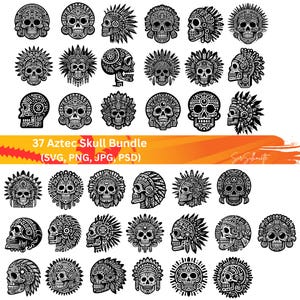Crâne aztèque SVG, 37 Bundle SVG aztèque, PNG, PSD