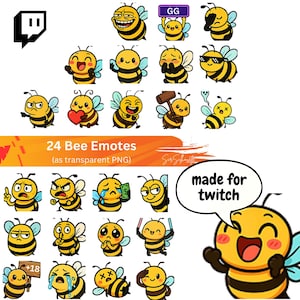 May include: A set of 24 cartoon bee emotes with diverse expressions, such as joy, anger, and sadness. The bees are yellow and black with blue wings. Text includes "24 Bee Emotes" and "made for twitch". A Twitch logo is in the upper left corner.