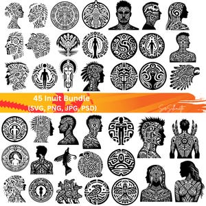 May include: A set of 45 black and white digital illustrations of Inuit-inspired designs. The designs include geometric patterns, human figures, and animal motifs. The illustrations are perfect for use in crafting, scrapbooking, and other creative projects.