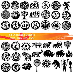 Könnte beinhalten: Eine Sammlung von schwarz-weißen Grafiken zum Thema Steinzeit. Das Bild enthält kreisförmige Designs mit Höhlenmalereien, Sonnensymbolen und Silhouetten von Tieren und Menschen. Der Text lautet "44 Stoneage Bundle".