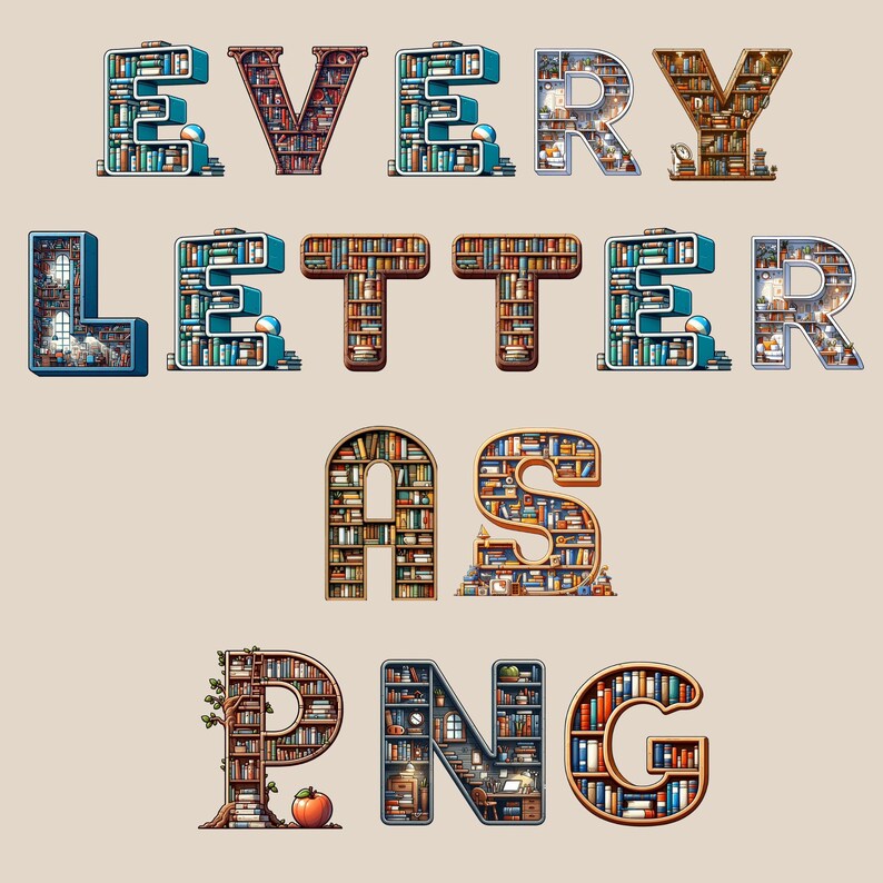 Library Alphabet Clipart, Bookish PNG Letters, Reading Room Typography ...