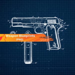 Puede incluir: Un plano detallado de una pistola, representado en líneas blancas sobre un fondo de cuadrícula azul oscuro. La imagen incluye el texto "Weapon Blueprints (PNG)" en una pancarta naranja.