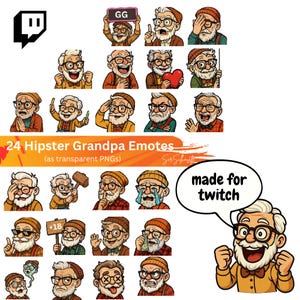 Könnte beinhalten: Eine Sammlung von 24 Cartoon-Emotes "Hipster Grandpa" mit verschiedenen Ausdrücken, darunter ein Schild mit der Aufschrift "GG" und eine Sprechblase mit der Aufschrift "made for twitch". Die Emotes sind transparente PNGs.