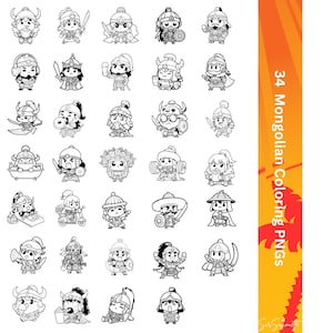 May include: Black and white illustrations of 34 Mongolian characters in various poses, some holding weapons or objects. The characters are in a cartoon style. The image includes the text "34 Mongolian Coloring PNGs" in orange and white.
