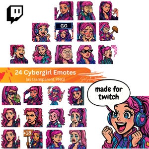 May include: A collection of 24 Cybergirl emotes in various poses and expressions, with pink hair and futuristic outfits. The image includes the Twitch logo and text that says "made for twitch".