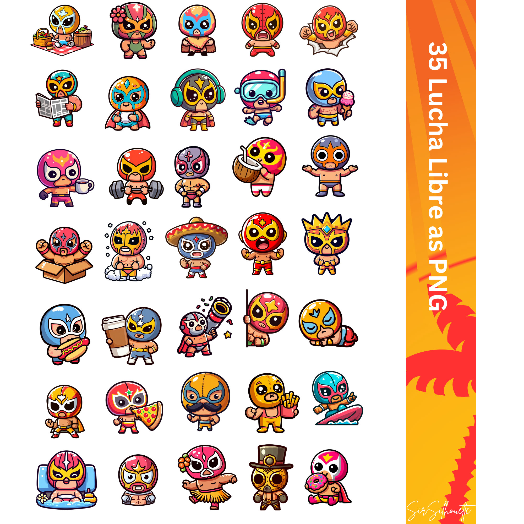 Cute Lucha Libre Digital Design for Stickers - PNG files to download