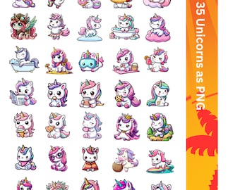 Puede incluir: Un conjunto de 35 ilustraciones digitales que presentan lindas caricaturas de unicornios en varias poses y actividades. Los unicornios se representan en una variedad de colores, incluyendo rosa, azul, morado y blanco. Llevan diferentes accesorios, como sombreros, gafas y coronas. Algunos de los unicornios sostienen objetos, como donas, hot dogs y libros. Las ilustraciones son perfectas para usar en proyectos digitales, como sitios web, redes sociales y presentaciones.