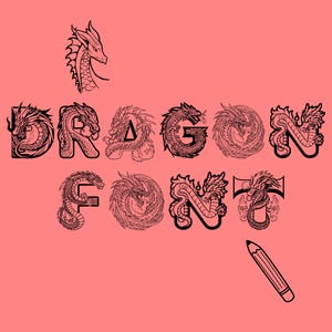 Op de afbeelding: Zwart draak-thema lettertype ontwerp op een koraalroze achtergrond. Het woord "DRAGON FONT" is gespeld, waarbij elke letter een unieke drakenillustratie heeft. Een drakenkop en een potlood zijn ook inbegrepen.