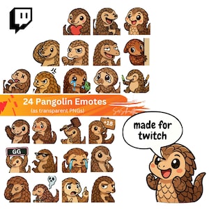 May include: A collection of 24 pangolin emotes in various poses and expressions, designed for use on Twitch. The emotes feature a cartoon pangolin with different emotions, including love, anger, and sadness. Text on the image says "24 Pangolin Emotes (as transparent PNGs)" and "made for twitch".