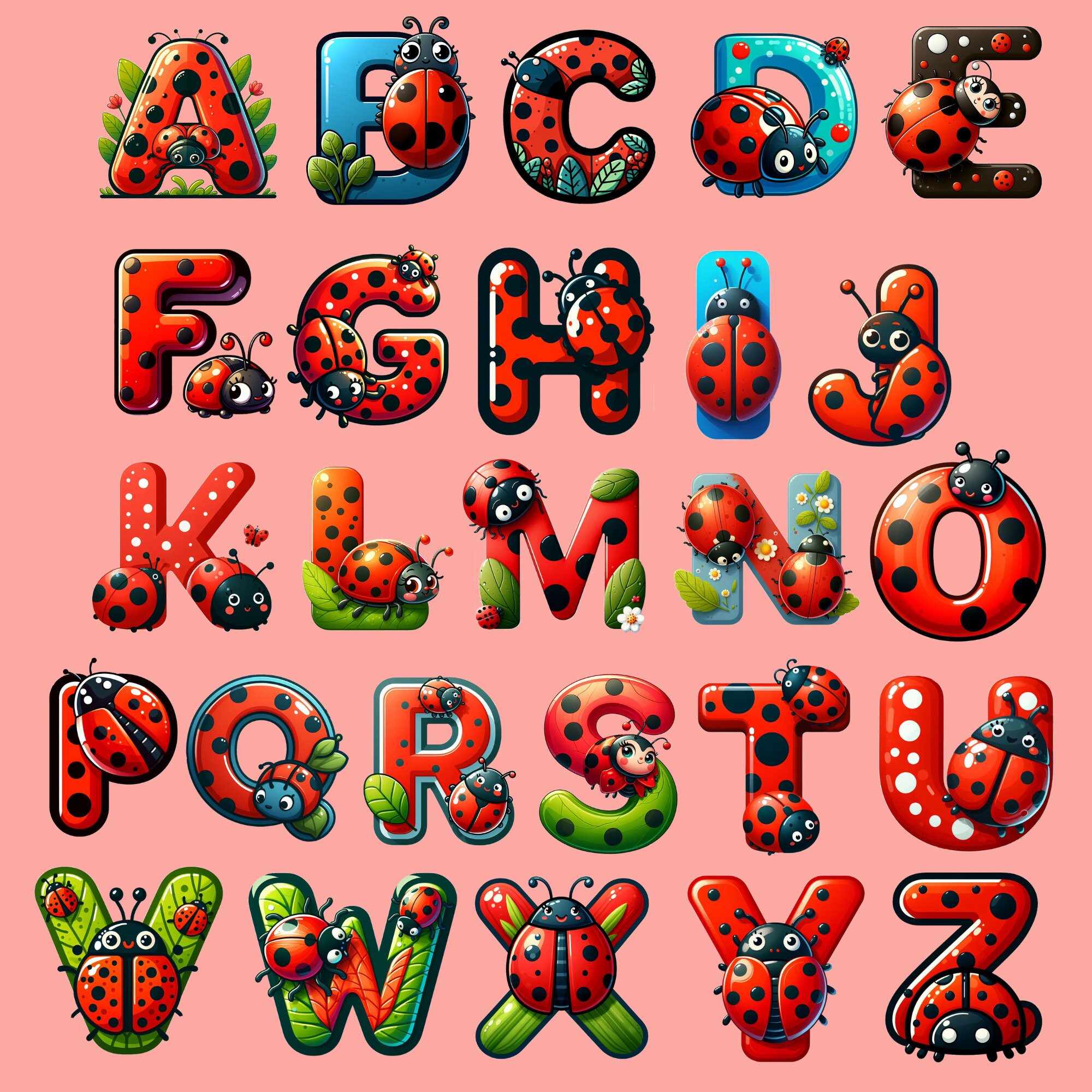 Cartoon Insect Letters Ladybug Alphabet Clipart, Red Beetle Letters, Garden Insect Sublimation ...