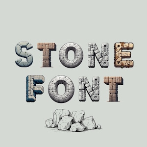 May include: Stone font alphabet with letters in a stone texture. The letters are arranged to spell out "STONE FONT". There are also some small stones at the bottom of the image.