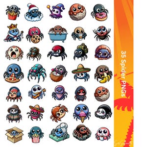 May include: A collection of 35 cartoon spider PNGs, each with unique designs and accessories. Spiders are depicted with items like pizza, coffee, and hats. The image includes the text "35 Spider PNGs" in a vertical orange bar.