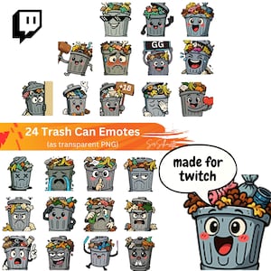 Peut inclure: Ensemble de 24 émoticônes de poubelles de dessins animés avec diverses expressions et poses. Les émoticônes sont grises avec des déchets qui débordent et sont conçues pour Twitch. Le texte sur l'image indique "24 Trash Can Emotes" et "made for twitch."