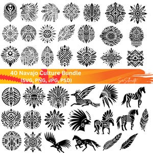 May include: A set of 40 black and white Navajo culture design elements, including geometric patterns, feathers, animals, and traditional symbols. The designs are ideal for crafting, scrapbooking, and digital projects.