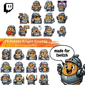 Puede incluir: Un conjunto de 24 emotes digitales con caballeros de patata de dibujos animados en varias poses y expresiones. Los emotes están diseñados para usarse en Twitch, con el texto "made for twitch". La imagen también incluye el logotipo de Twitch.
