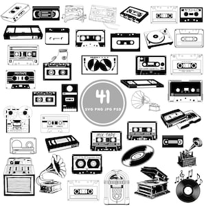 Puede incluir: Una colección de 41 ilustraciones en blanco y negro de equipos de audio y música vintage, incluyendo cintas de cassette, tocadiscos, reproductores de cinta de carrete a carrete y una máquina de discos. Las ilustraciones están en un estilo simple, de arte lineal.