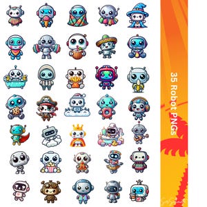 May include: A collection of 35 colorful robot PNGs. Each robot has a unique design, with various accessories and outfits. Some robots are holding items like ice cream, while others wear hats or have musical instruments. The image has a white background.
