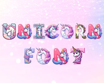 Unicorn font, alphabet with unicorn design, magic letters as png