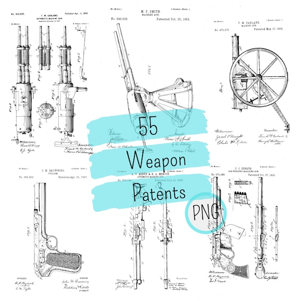 55 Weapon Patents, Vintage gun illustrations, Patent png