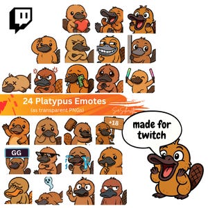 May include: A set of 24 cartoon platypus emotes with different expressions, such as holding a heart, crying, and wearing sunglasses. The image includes the text "24 Platypus Emotes" and the phrase "made for twitch", along with the Twitch logo.