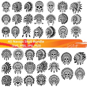 May include: A set of 40 black and white vector illustrations of Native American headdresses with skulls. The headdresses are decorated with intricate patterns and feathers. The text "40 Navajo Skull Bundle (SVG, PNG, JPG, PSD)" is at the bottom of the image.