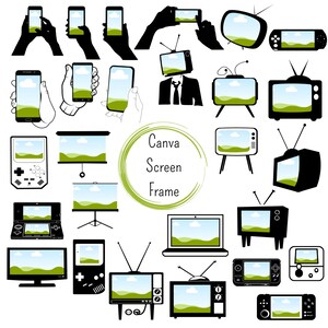 May include: A collection of black and white screen frame icons with a green landscape background. The icons include a variety of devices such as phones, tablets, televisions, and games consoles. The text "Canva Screen Frame" is written in a green circle.