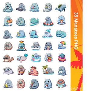 Puede incluir: 35 ilustraciones de manatíes de dibujos animados en varias poses y actividades, incluyendo comer, nadar, usar sombreros y tocar música. Los manatíes están todos en un estilo de dibujos animados lindo.