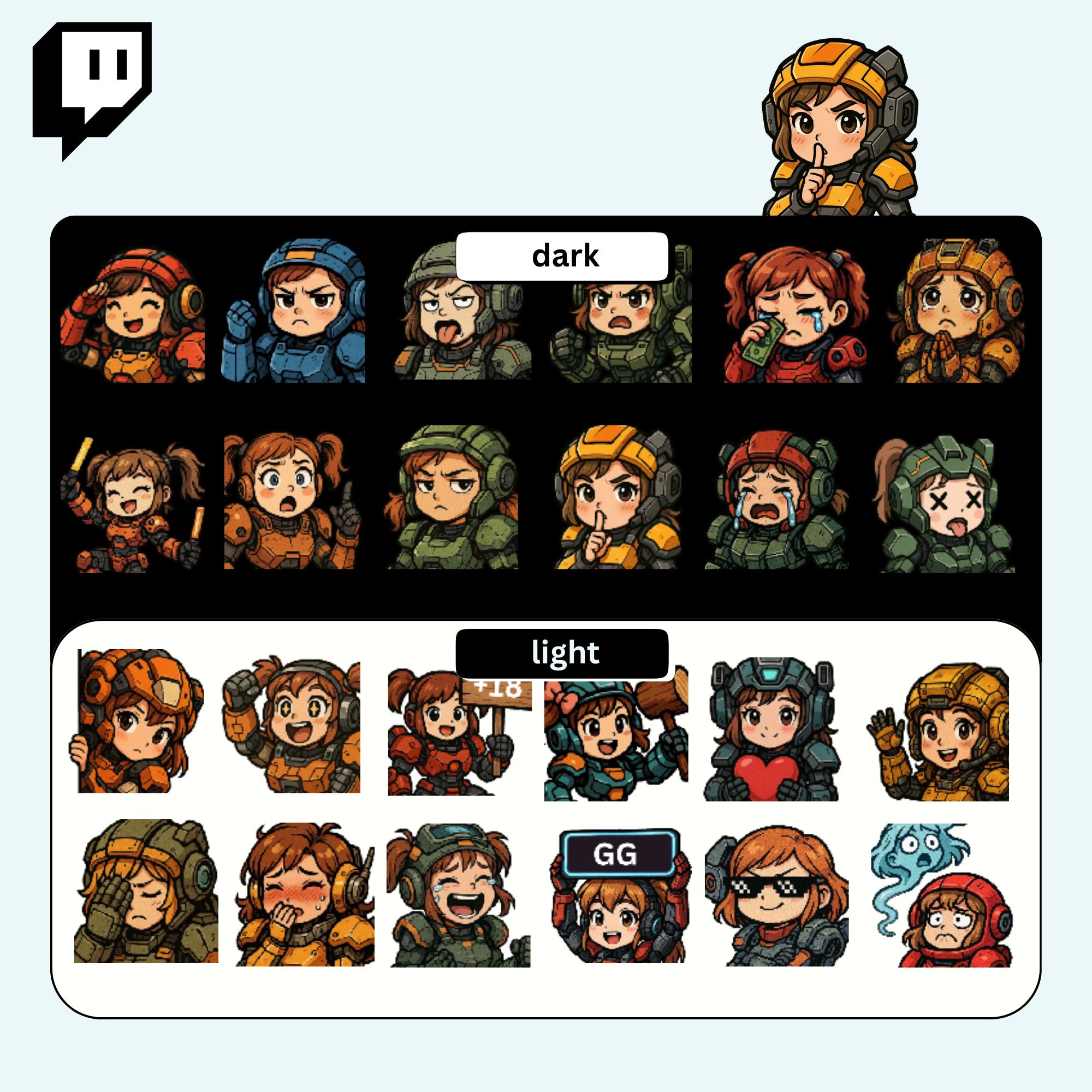 Mech Girl Twitch Emotes Pack - 24 Sci-fi Female Pilot Stream Graphics ...