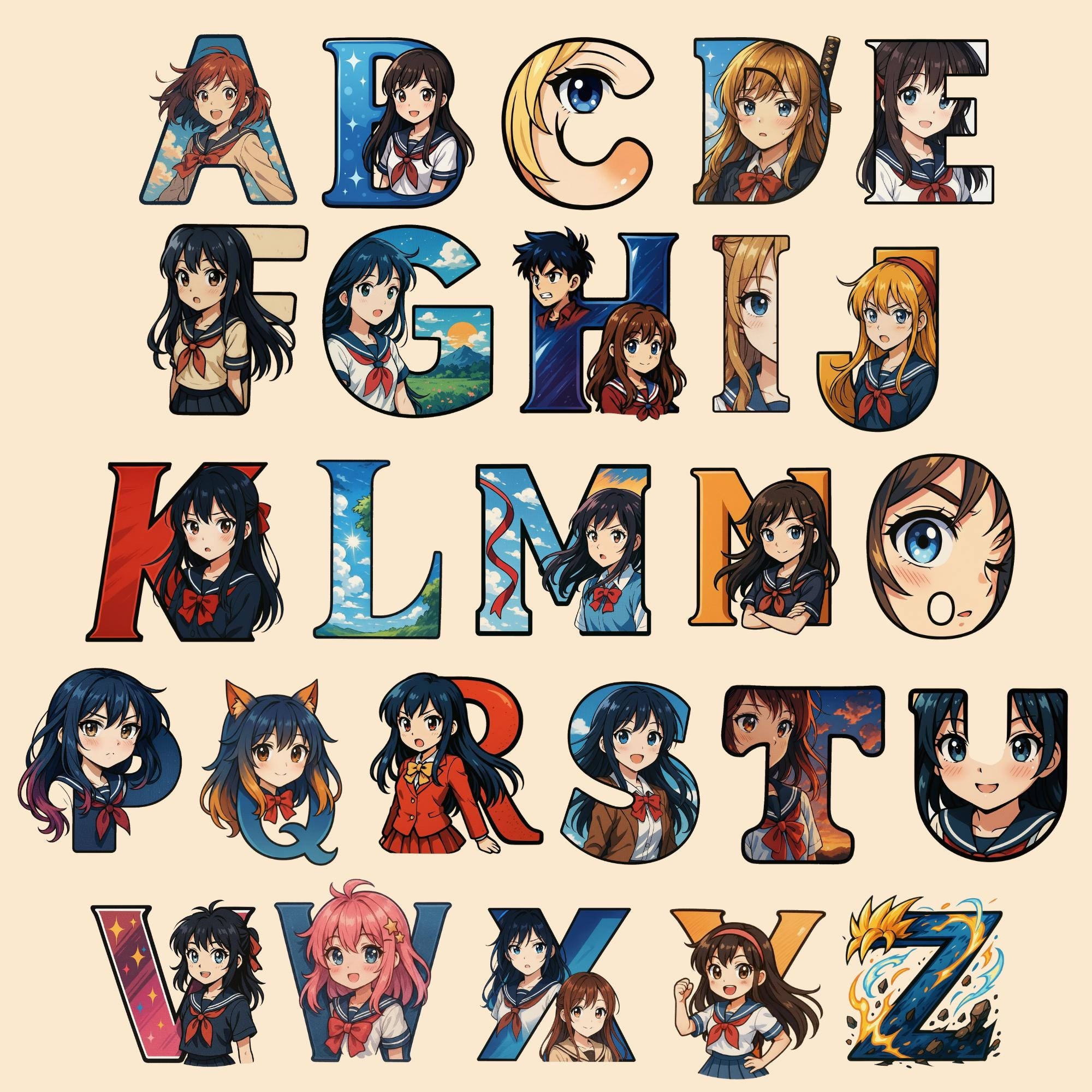 Alfabeto de anime, letras PNG de manga, tipografía de animación ...