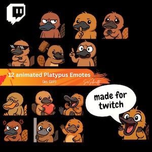 Animated Platypus Emotes, Duckbill Twitch Graphics, Aquatic Mammal Discord, Funny Streamer Stickers
