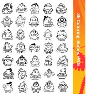 Könnte beinhalten: Ein Set mit 35 Schwarzweiß-Zeichnungen von Sumo-Ringer in verschiedenen Posen. Die Ringer tragen traditionelle Sumo-Kleidung und haben unterschiedliche Gesichtsausdrücke. Die Bilder eignen sich perfekt zum Ausmalen oder für andere kreative Projekte.