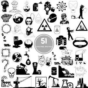 Puede incluir: Un conjunto de 51 ilustraciones vectoriales en blanco y negro de contaminación y peligros ambientales. Las ilustraciones incluyen imágenes de máscaras de gas, derrames de petróleo, residuos nucleares y más.