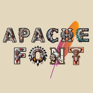 Könnte beinhalten: Apache Font Grafikdesign mit einem stilisierten Alphabet mit indianischen Kopfbedeckungen und Federn in Rot, Blau, Gelb und Weiß.