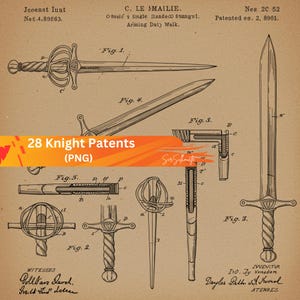 May include: Vintage patent illustrations of various swords and weaponry, including detailed diagrams of blades, hilts, and crossguards. The image features the text "28 Knight Patents (PNG)" and technical drawings.