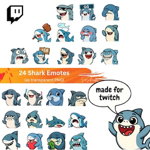 May include: A collection of 24 cartoon shark emotes in various expressions, designed for use on Twitch. The emotes include sharks with sunglasses, holding signs, and displaying emotions. Text on the image reads "24 Shark Emotes (as transparent PNG)" and "made for twitch."