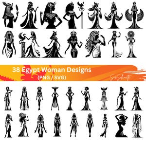 May include: A set of 38 black and white silhouette designs of Egyptian women. The designs feature various poses and styles, including women with headdresses, jewelry, and traditional clothing. The text "38 Egypt Woman Designs (PNG / SVG)" is displayed at the bottom of the image.