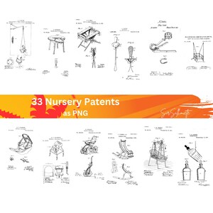 Op de afbeelding: Een verzameling van 33 zwart-witte lijntekeningen van kinderkamer patenten. De tekeningen tonen verschillende babyartikelen zoals schommels, stoelen, kinderwagens en flessenwarmers. De tekeningen zijn voorzien van patentnummers en data.