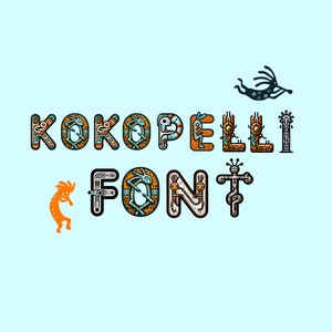 May include: A font design inspired by the Kokopelli, a Native American flute player, with letters made up of stylized figures and patterns in orange, brown, blue, and white.