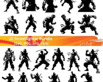 Street Fighter SVG Bundle, 22 fighter designs, PNG, PSD