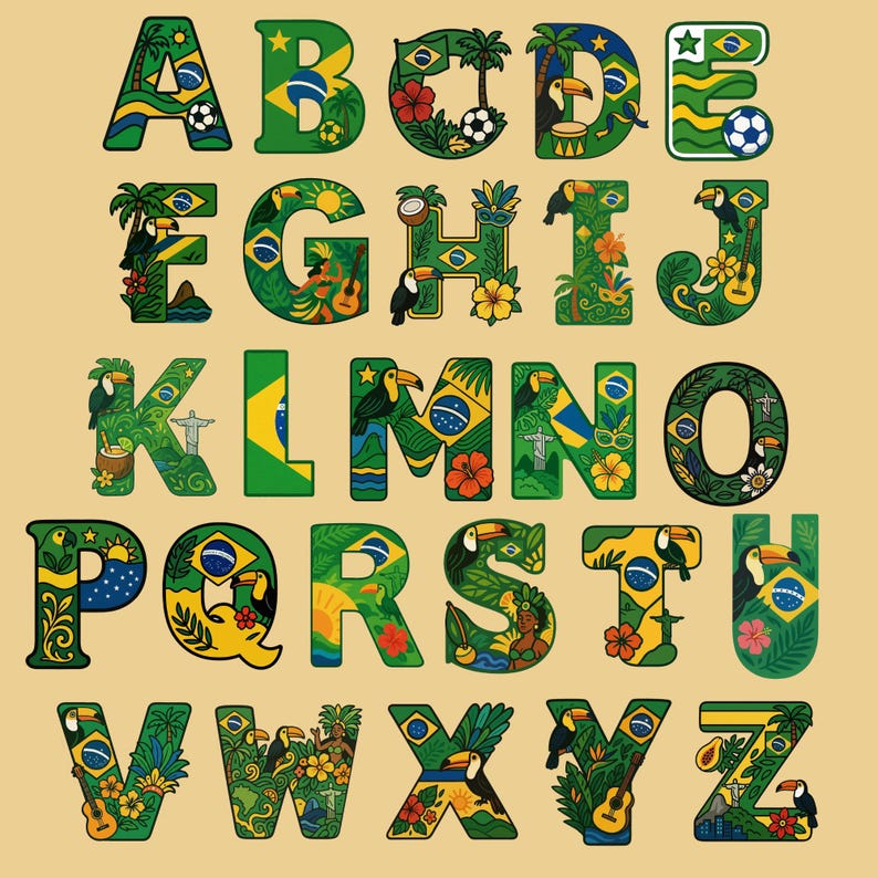 Puede incluir: Un alfabeto completo, cada letra dise&ntilde;ada con un tema brasile&ntilde;o. Las letras son verdes, amarillas y azules, con im&aacute;genes de tucanes, balones de f&uacute;tbol, flores y la bandera brasile&ntilde;a incorporadas en el dise&ntilde;o. Las letras est&aacute;n sobre un fondo beige.