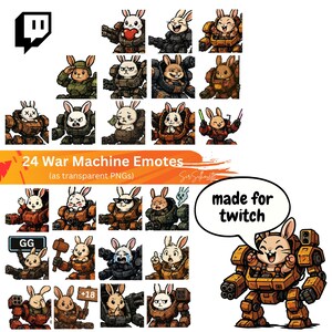 May include: A collection of 24 War Machine emotes featuring cartoon rabbits in various poses and expressions, set in robotic armor. The emotes are designed as transparent PNGs, with text that says "made for twitch".