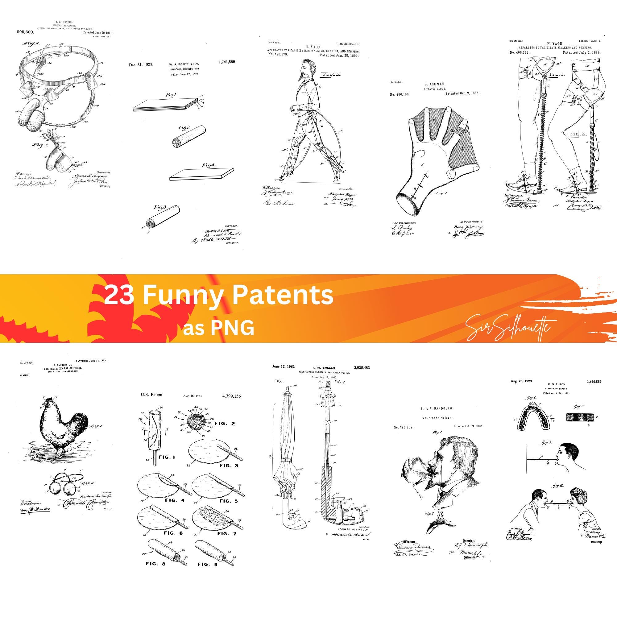 23 funny Patents, Vintage Weird illustrations, Patent as PNG