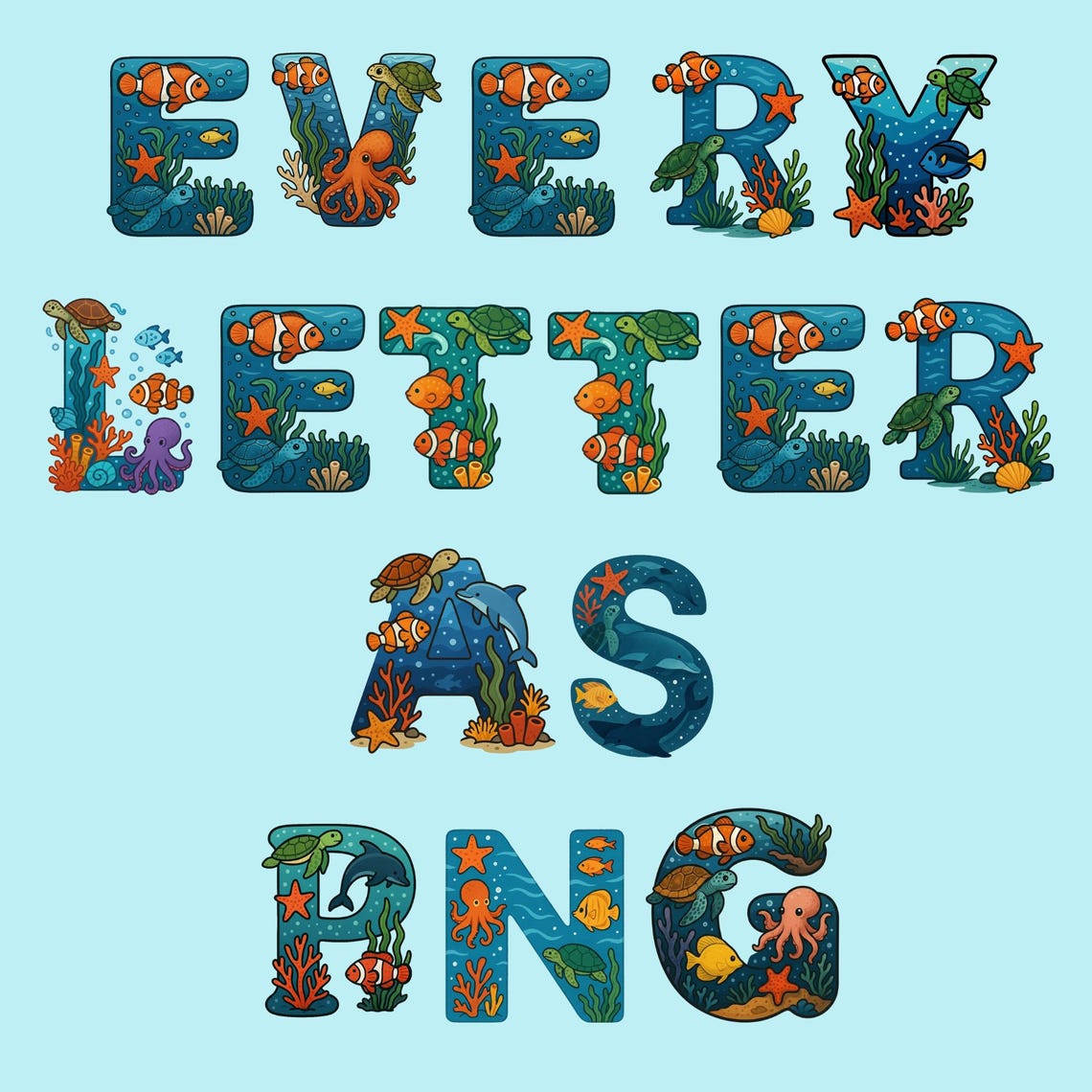 Ocean Alphabet Clipart, Nautical PNG Letters, Marine Life Typography ...
